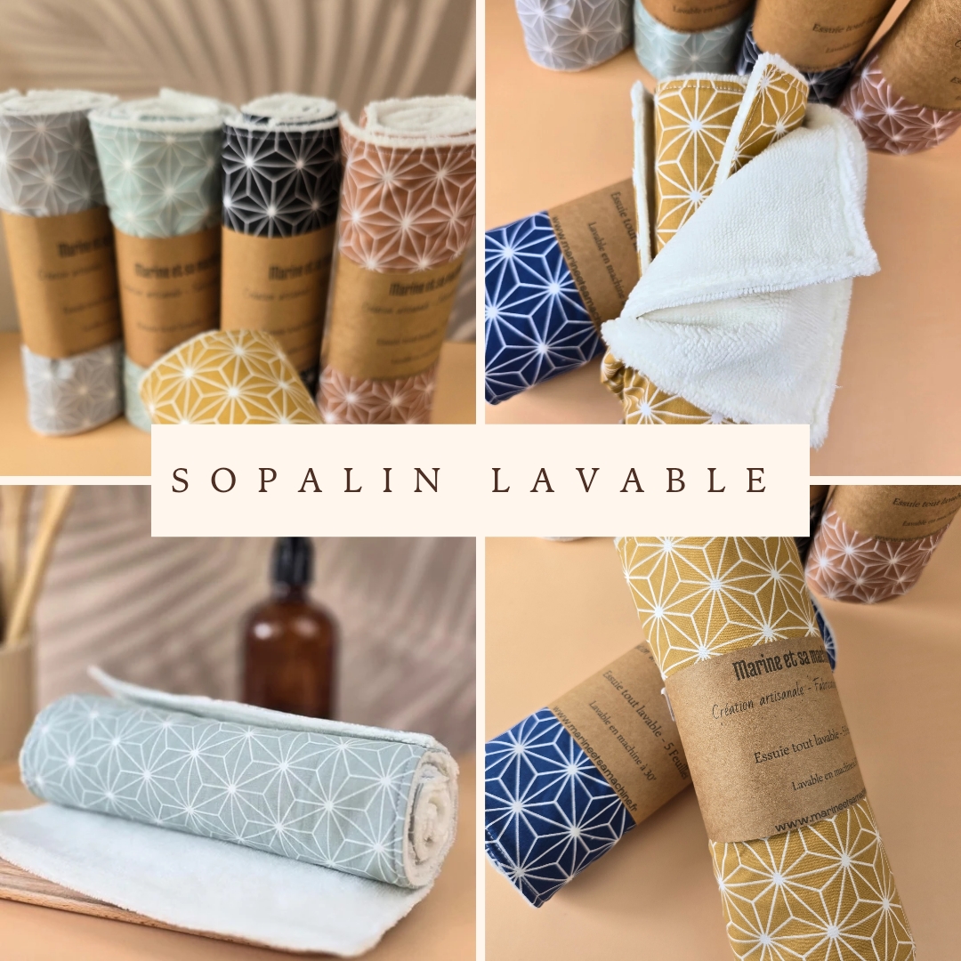 Sopalin reutilisable en tissu - Marine et sa machine - Fait main en Bretagne