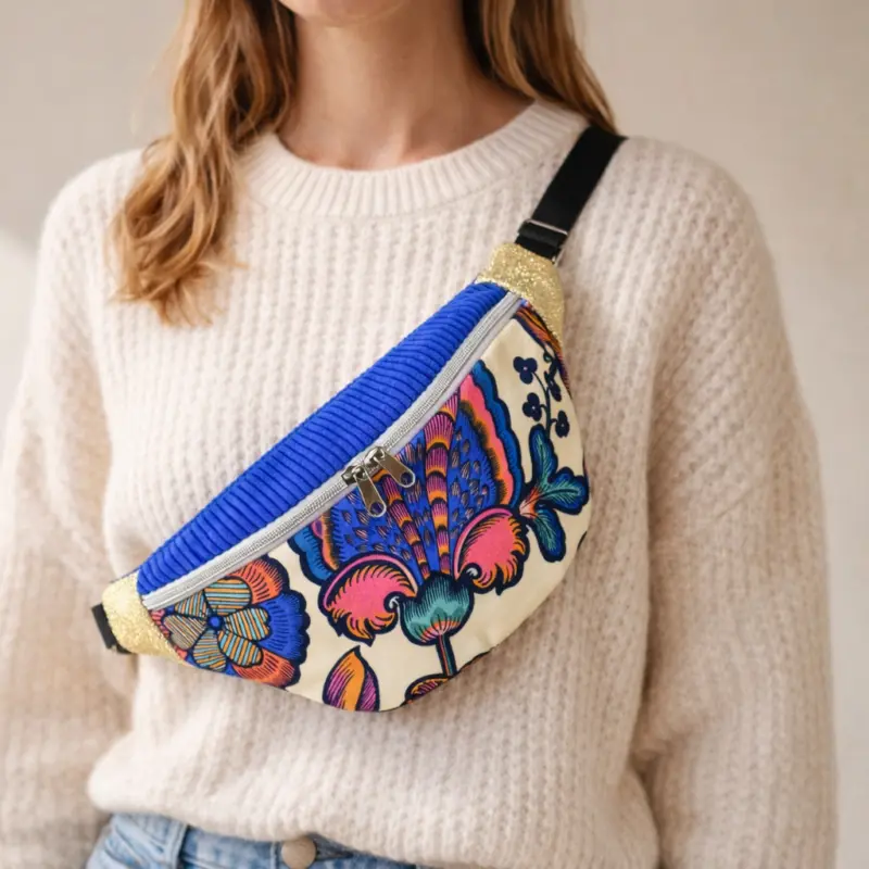 Sac banane femme tendance bleu porté
