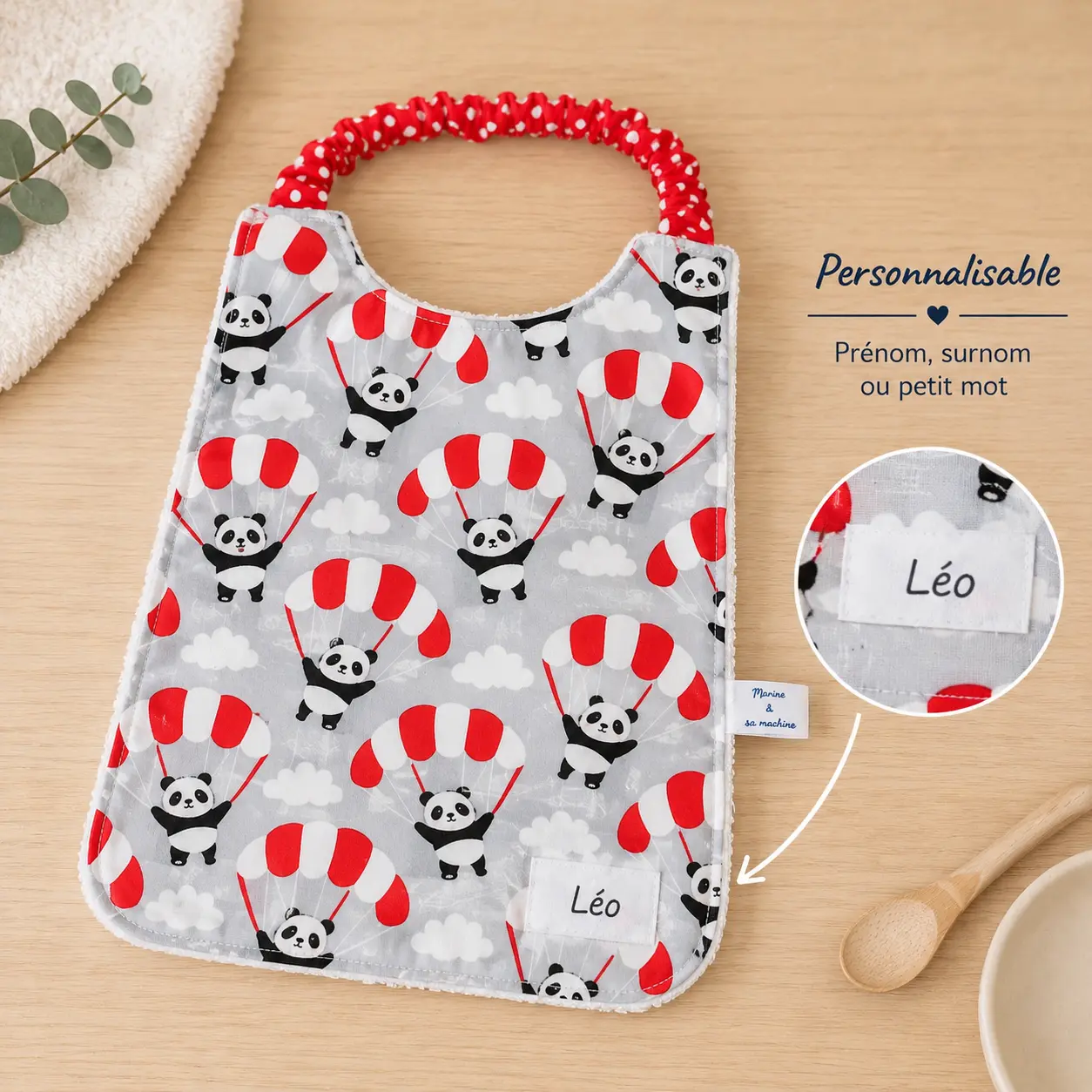 Serviette élastique maternelle panda personnalisation