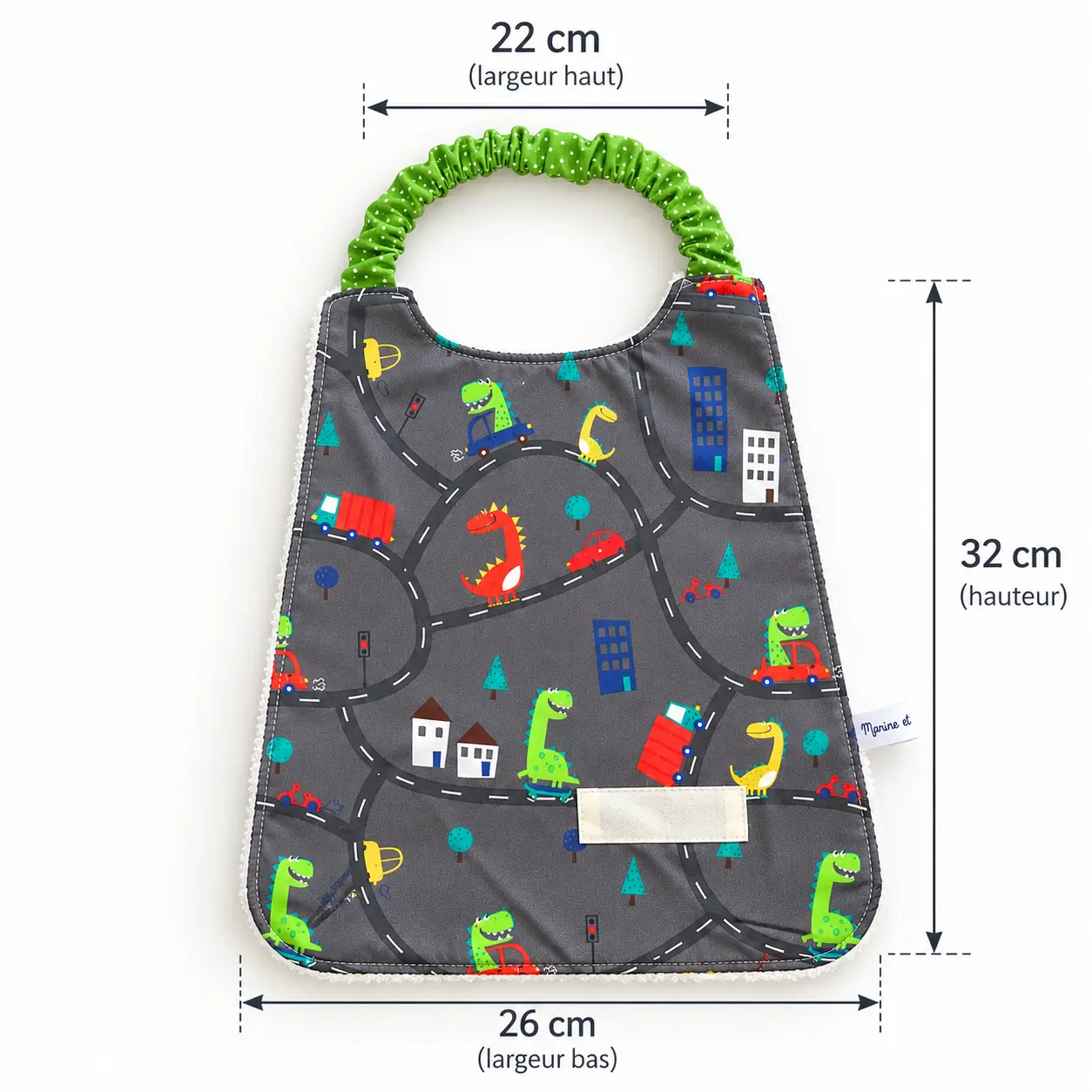 Bavoir élastique maternelle dinosaure - dimensions