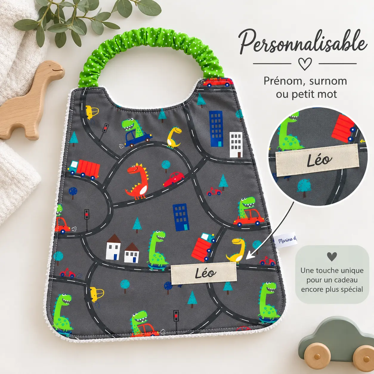 Bavoir élastique maternelle dinosaure - personnalisation